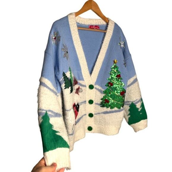 33 Degrees Sweater Cardigan Christmas Large Sheep Sequins Tree Cabin Poinsettia - Picture 2 of 9